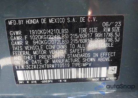 2024 Honda Hr-V Awd Ex-L/Awd Ex-L W/O Bsi z USA, uszkodzony, nr VIN 3CZRZ2H78RM710519